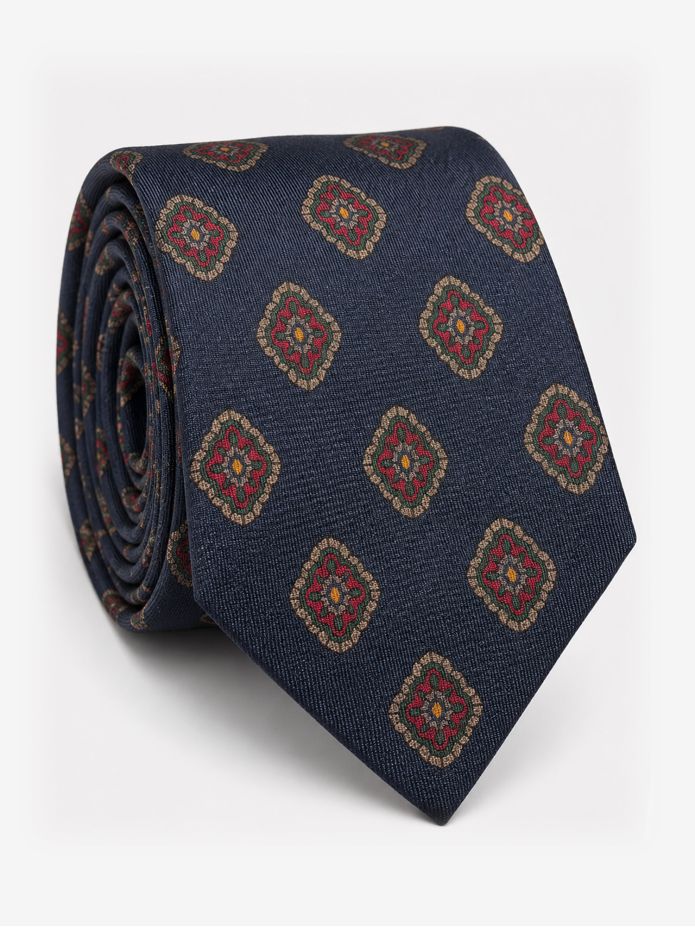 Corbata de seda azul marino con motivos retro