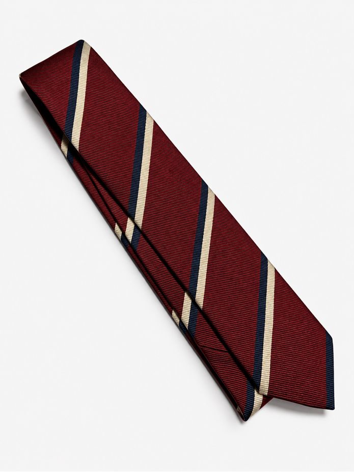 Corbata club burdeos con rayas azul marino y crema