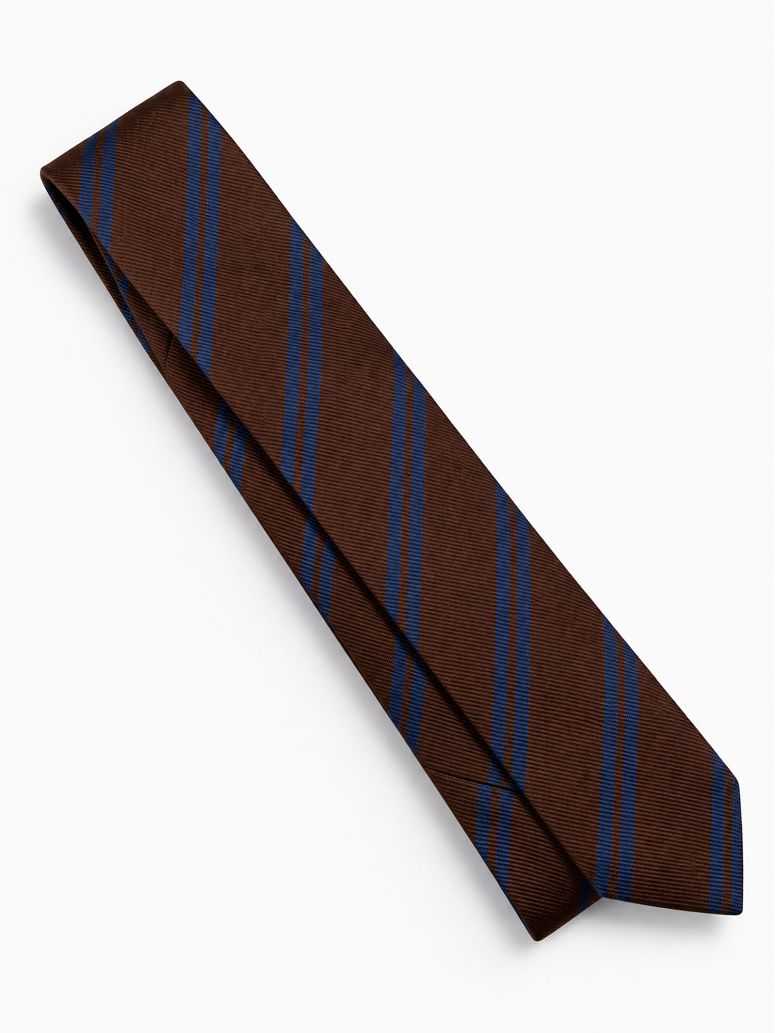 Corbata club de seda marrón con doble rayas