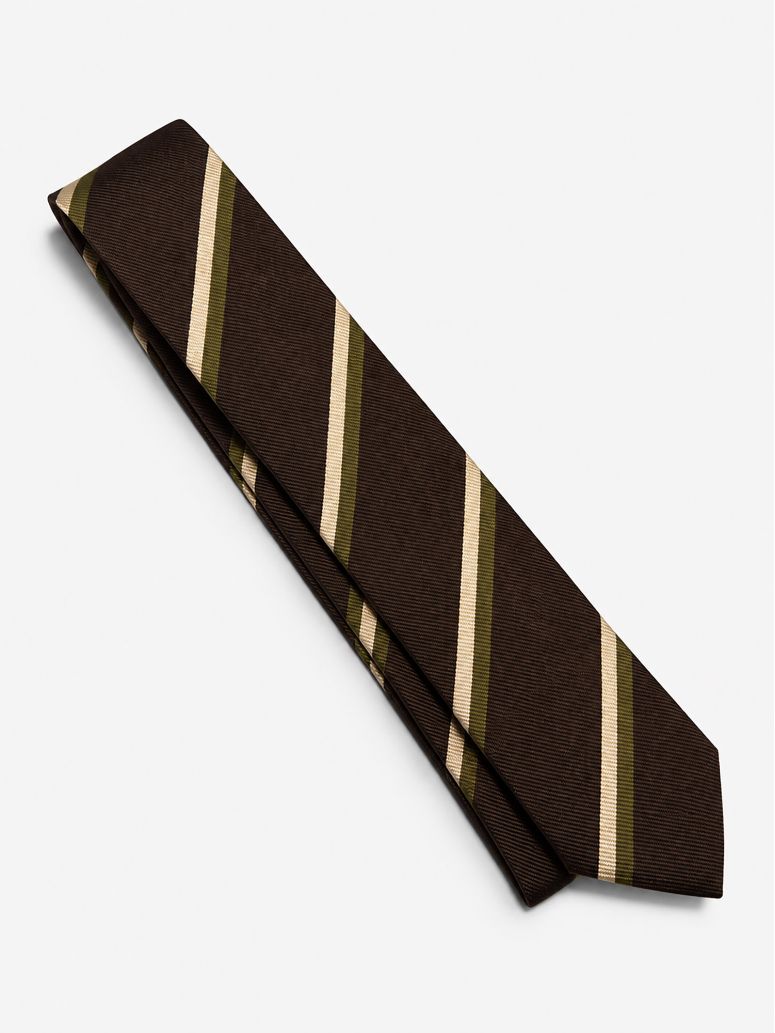 Corbata club de seda marrón con rayas verdes y crema