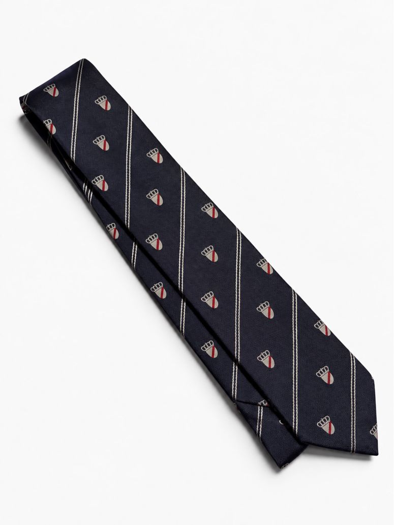 Corbata de seda azul marino con motivos de escudos