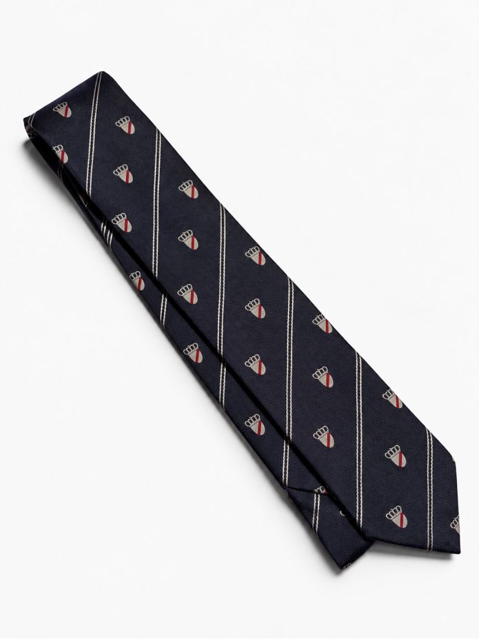 Corbata de seda azul marino con motivos de escudos
