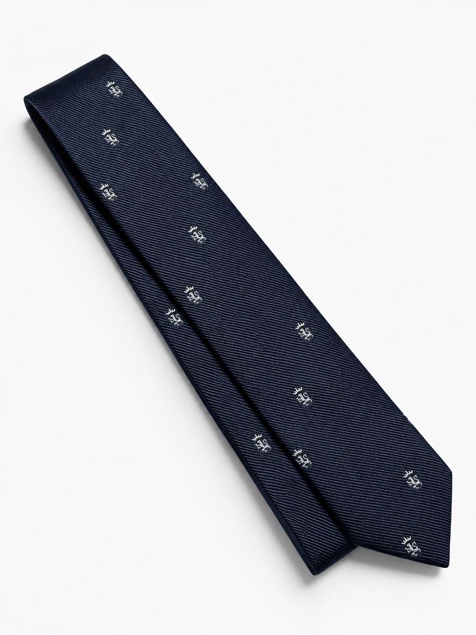 Corbata de seda azul marino con motivos de leones
