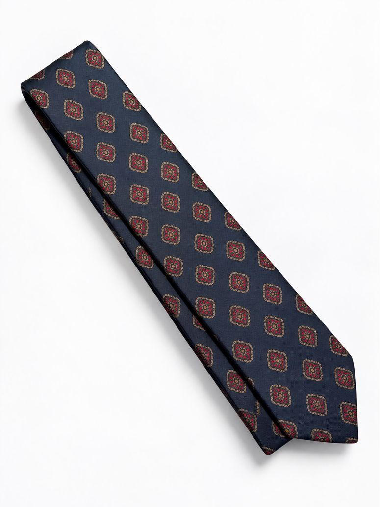 Corbata de seda azul marino con motivos retro