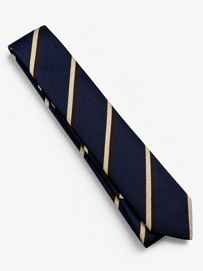Corbata club de seda azul marino con rayas marrones y crema