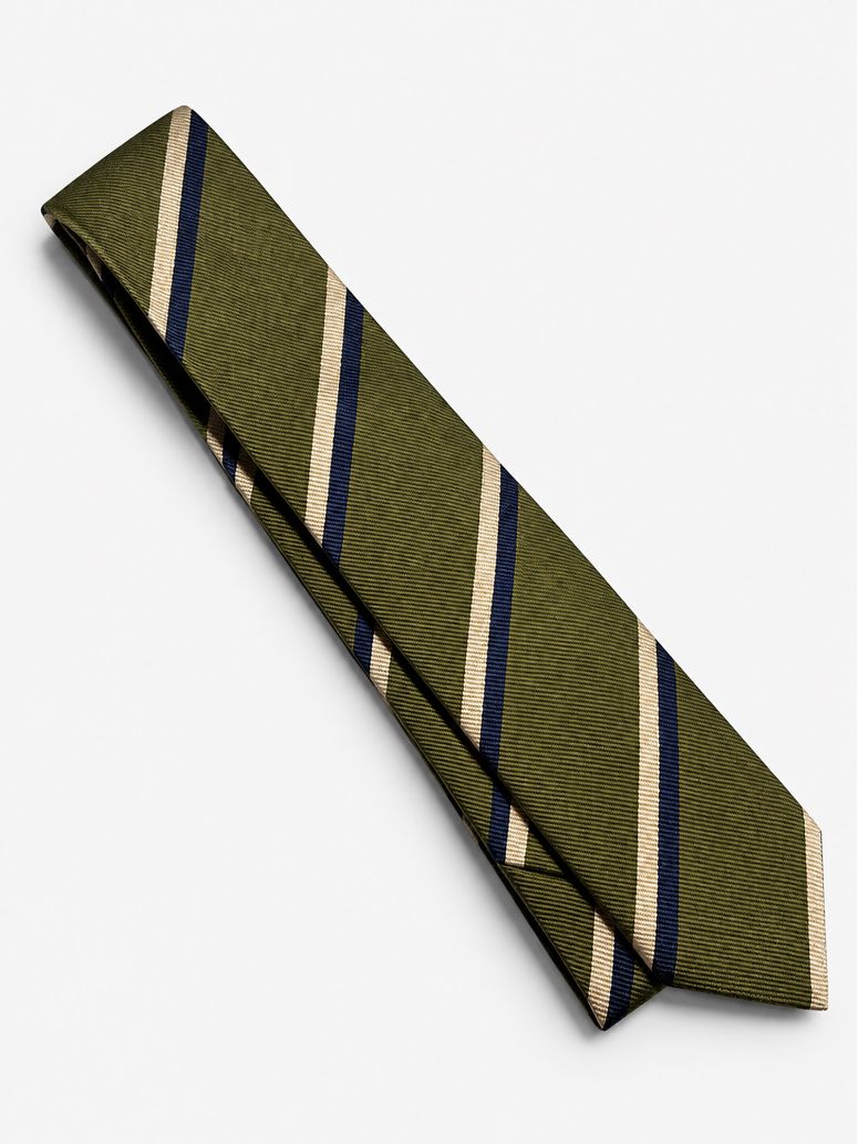 Corbata club de seda verde con rayas marino y crema