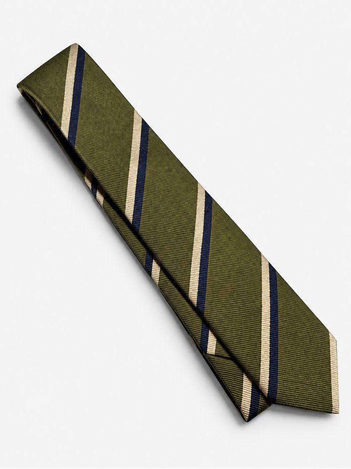 Corbata club de seda verde con rayas marino y crema