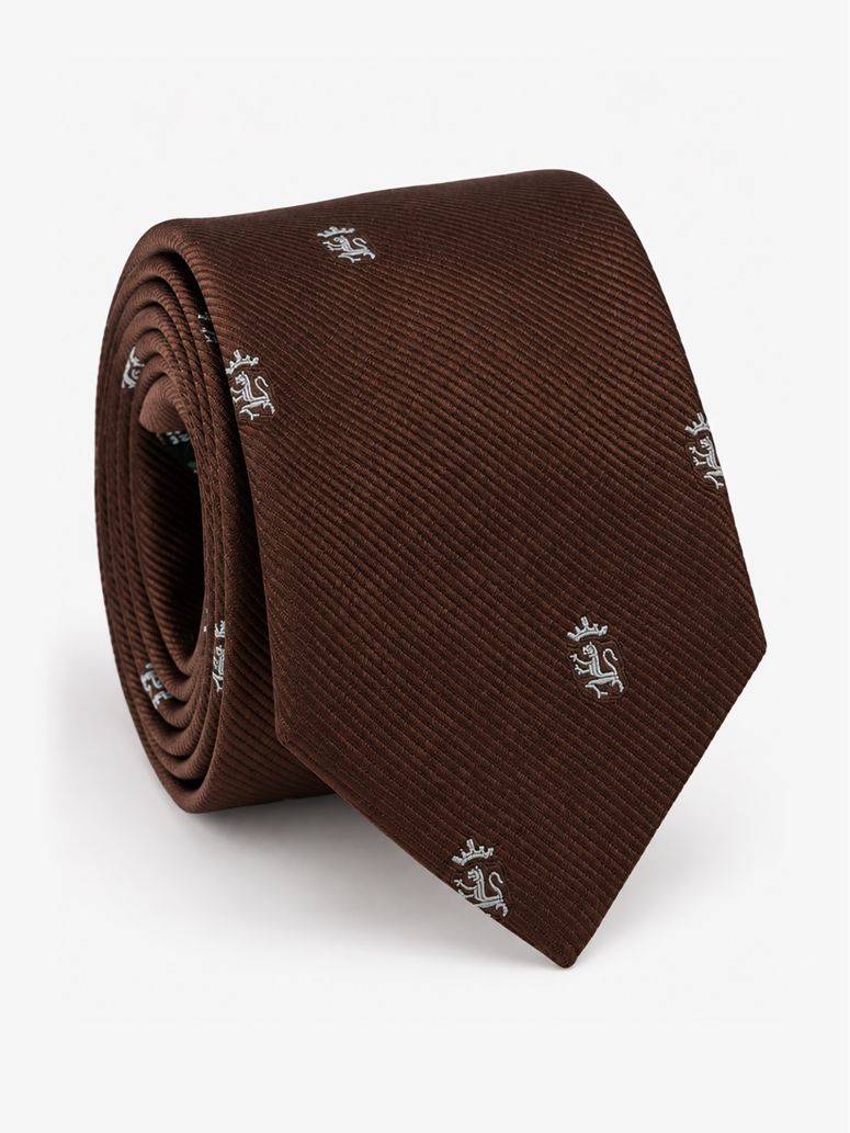 Corbata de seda marrón con motivos de leones