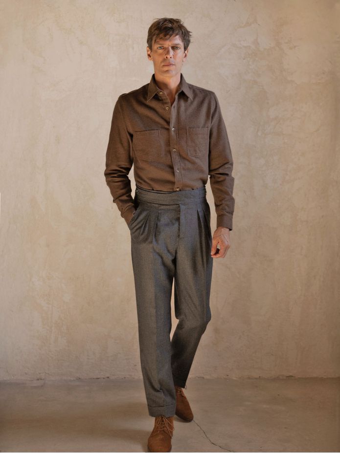 Camisa de cuello francés en franela marrón