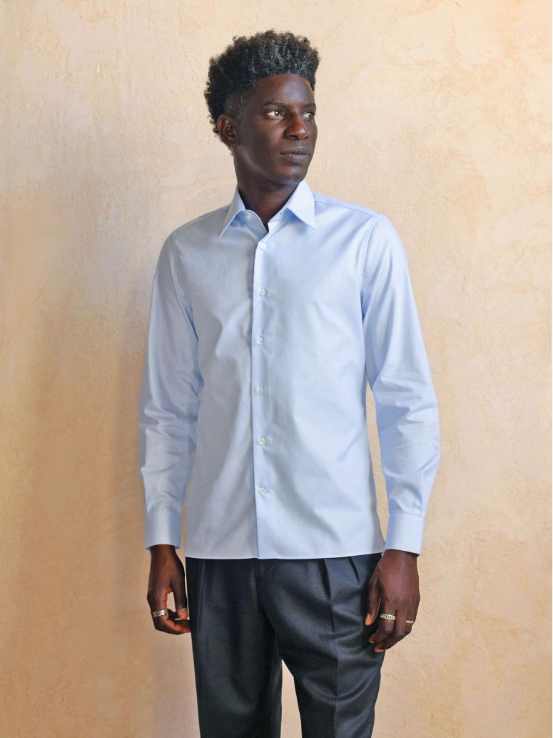 Camisa de cuello francés inarrugable en Royal Oxford azul cielo