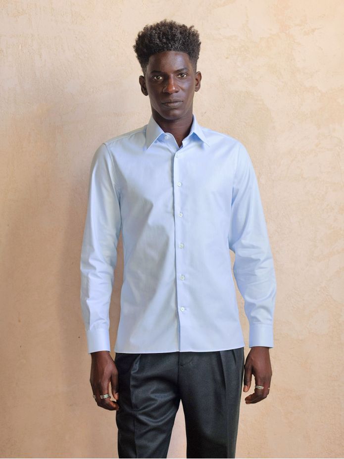 Camisa de cuello francés inarrugable en Royal Oxford azul cielo