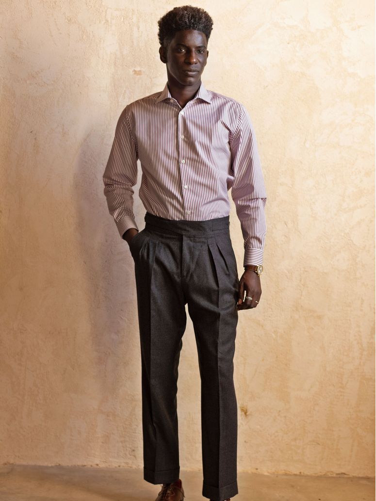 Camisa de cuello italiano inarrugable a rayas burdeos
